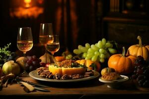 Thanksgiving day or autumn composition with pumpkin, oranges, leaves or chicken. Thanksgiving food concept by AI Generated photo