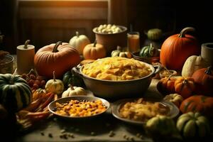 Thanksgiving day or autumn composition with pumpkin, oranges, leaves or chicken. Thanksgiving food concept by AI Generated photo