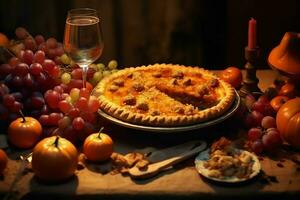 acción de gracias día o otoño composición con calabaza, naranjas, hojas o pollo. acción de gracias comida concepto por ai generado foto