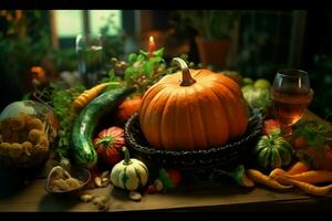 Thanksgiving day or autumn composition with pumpkin, oranges, leaves or chicken. Thanksgiving food concept by AI Generated photo