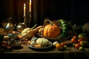 Thanksgiving day or autumn composition with pumpkin, oranges, leaves or chicken. Thanksgiving food concept by AI Generated photo