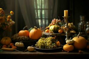 Thanksgiving day or autumn composition with pumpkin, oranges, leaves or chicken. Thanksgiving food concept by AI Generated photo