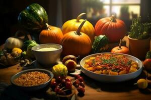 Thanksgiving day or autumn composition with pumpkin, oranges, leaves or chicken. Thanksgiving food concept by AI Generated photo