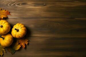 acción de gracias día o otoño composición con calabaza, naranjas, hojas o pollo. acción de gracias comida concepto por ai generado foto