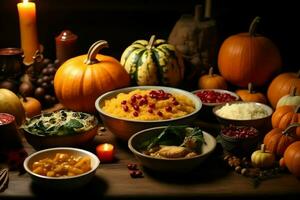 acción de gracias día o otoño composición con calabaza, naranjas, hojas o pollo. acción de gracias comida concepto por ai generado foto