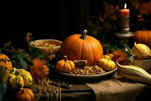 Thanksgiving day or autumn composition with pumpkin, oranges, leaves or chicken. Thanksgiving food concept by AI Generated photo