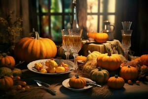 Thanksgiving day or autumn composition with pumpkin, oranges, leaves or chicken. Thanksgiving food concept by AI Generated photo