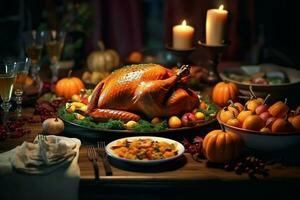 Thanksgiving day or autumn composition with pumpkin, oranges, leaves or chicken. Thanksgiving food concept by AI Generated photo