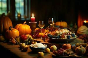 Thanksgiving day or autumn composition with pumpkin, oranges, leaves or chicken. Thanksgiving food concept by AI Generated photo