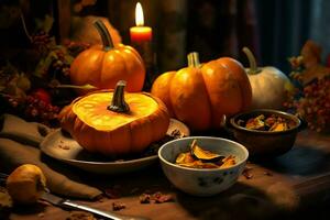 Thanksgiving day or autumn composition with pumpkin, oranges, leaves or chicken. Thanksgiving food concept by AI Generated photo