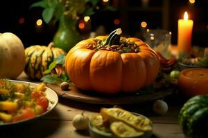 Thanksgiving day or autumn composition with pumpkin, oranges, leaves or chicken. Thanksgiving food concept by AI Generated photo