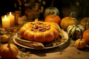 acción de gracias día o otoño composición con calabaza, naranjas, hojas o pollo. acción de gracias comida concepto por ai generado foto