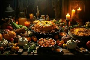 Thanksgiving day or autumn composition with pumpkin, oranges, leaves or chicken. Thanksgiving food concept by AI Generated photo