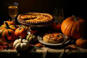 Thanksgiving day or autumn composition with pumpkin, oranges, leaves or chicken. Thanksgiving food concept by AI Generated photo