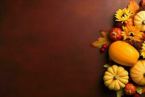 acción de gracias día o otoño composición con calabaza, naranjas, hojas o pollo. acción de gracias comida concepto por ai generado foto