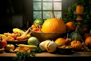 Thanksgiving day or autumn composition with pumpkin, oranges, leaves or chicken. Thanksgiving food concept by AI Generated photo