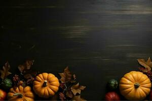 Thanksgiving day or autumn composition with pumpkin, oranges, leaves or chicken. Thanksgiving food concept by AI Generated photo