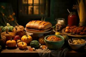 Thanksgiving day or autumn composition with pumpkin, oranges, leaves or chicken. Thanksgiving food concept by AI Generated photo