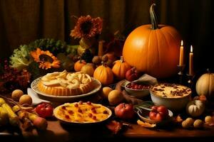 Thanksgiving day or autumn composition with pumpkin, oranges, leaves or chicken. Thanksgiving food concept by AI Generated photo