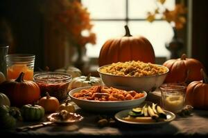 Thanksgiving day or autumn composition with pumpkin, oranges, leaves or chicken. Thanksgiving food concept by AI Generated photo