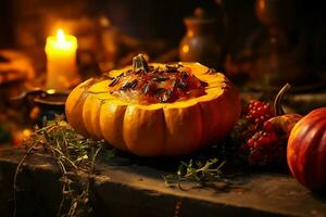 acción de gracias día o otoño composición con calabaza, naranjas, hojas o pollo. acción de gracias comida concepto por ai generado foto