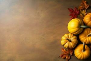 Thanksgiving day or autumn composition with pumpkin, oranges, leaves or chicken. Thanksgiving food concept by AI Generated photo