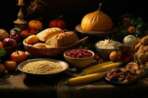 Thanksgiving day or autumn composition with pumpkin, oranges, leaves or chicken. Thanksgiving food concept by AI Generated photo