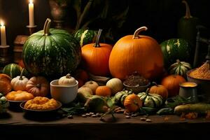 Thanksgiving day or autumn composition with pumpkin, oranges, leaves or chicken. Thanksgiving food concept by AI Generated photo