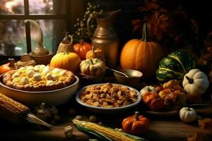 Thanksgiving day or autumn composition with pumpkin, oranges, leaves or chicken. Thanksgiving food concept by AI Generated photo