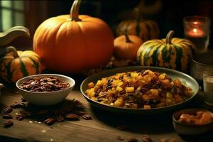 Thanksgiving day or autumn composition with pumpkin, oranges, leaves or chicken. Thanksgiving food concept by AI Generated photo