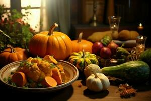 acción de gracias día o otoño composición con calabaza, naranjas, hojas o pollo. acción de gracias comida concepto por ai generado foto