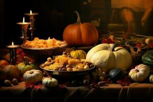 Thanksgiving day or autumn composition with pumpkin, oranges, leaves or chicken. Thanksgiving food concept by AI Generated photo