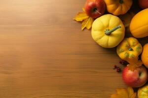 Thanksgiving day or autumn composition with pumpkin, oranges, leaves or chicken. Thanksgiving food concept by AI Generated photo