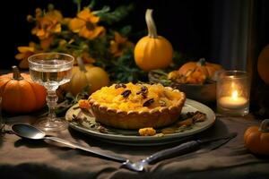 acción de gracias día o otoño composición con calabaza, naranjas, hojas o pollo. acción de gracias comida concepto por ai generado foto