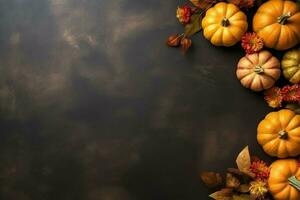 Thanksgiving day or autumn composition with pumpkin, oranges, leaves or chicken. Thanksgiving food concept by AI Generated photo