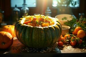 acción de gracias día o otoño composición con calabaza, naranjas, hojas o pollo. acción de gracias comida concepto por ai generado foto