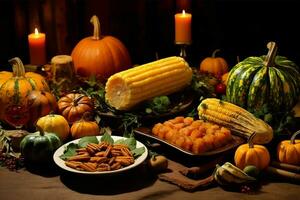 Thanksgiving day or autumn composition with pumpkin, oranges, leaves or chicken. Thanksgiving food concept by AI Generated photo