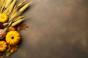 Thanksgiving day or autumn composition with pumpkin, oranges, leaves or chicken. Thanksgiving food concept by AI Generated photo