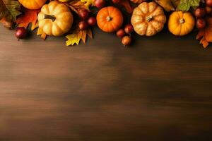 Thanksgiving day or autumn composition with pumpkin, oranges, leaves or chicken. Thanksgiving food concept by AI Generated photo