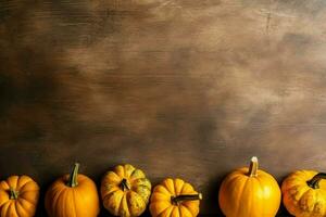 Thanksgiving day or autumn composition with pumpkin, oranges, leaves or chicken. Thanksgiving food concept by AI Generated photo