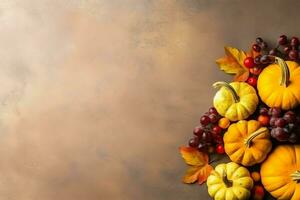 Thanksgiving day or autumn composition with pumpkin, oranges, leaves or chicken. Thanksgiving food concept by AI Generated photo