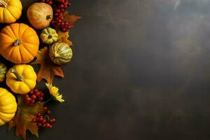 Thanksgiving day or autumn composition with pumpkin, oranges, leaves or chicken. Thanksgiving food concept by AI Generated photo