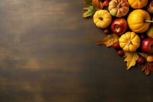 Thanksgiving day or autumn composition with pumpkin, oranges, leaves or chicken. Thanksgiving food concept by AI Generated photo