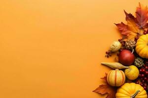 Thanksgiving day or autumn composition with pumpkin, oranges, leaves or chicken. Thanksgiving food concept by AI Generated photo