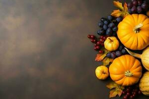 acción de gracias día o otoño composición con calabaza, naranjas, hojas o pollo. acción de gracias comida concepto por ai generado foto