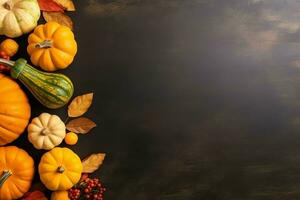 Thanksgiving day or autumn composition with pumpkin, oranges, leaves or chicken. Thanksgiving food concept by AI Generated photo