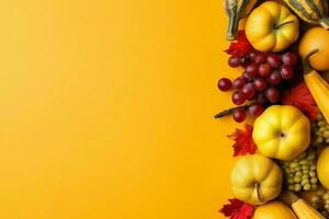 Thanksgiving day or autumn composition with pumpkin, oranges, leaves or chicken. Thanksgiving food concept by AI Generated photo