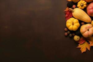 Thanksgiving day or autumn composition with pumpkin, oranges, leaves or chicken. Thanksgiving food concept by AI Generated photo