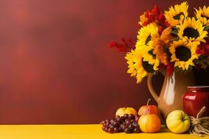 acción de gracias día o otoño composición con calabaza, naranjas, hojas o pollo. acción de gracias comida concepto por ai generado foto