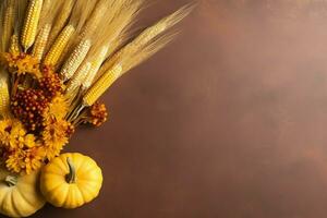 Thanksgiving day or autumn composition with pumpkin, oranges, leaves or chicken. Thanksgiving food concept by AI Generated photo